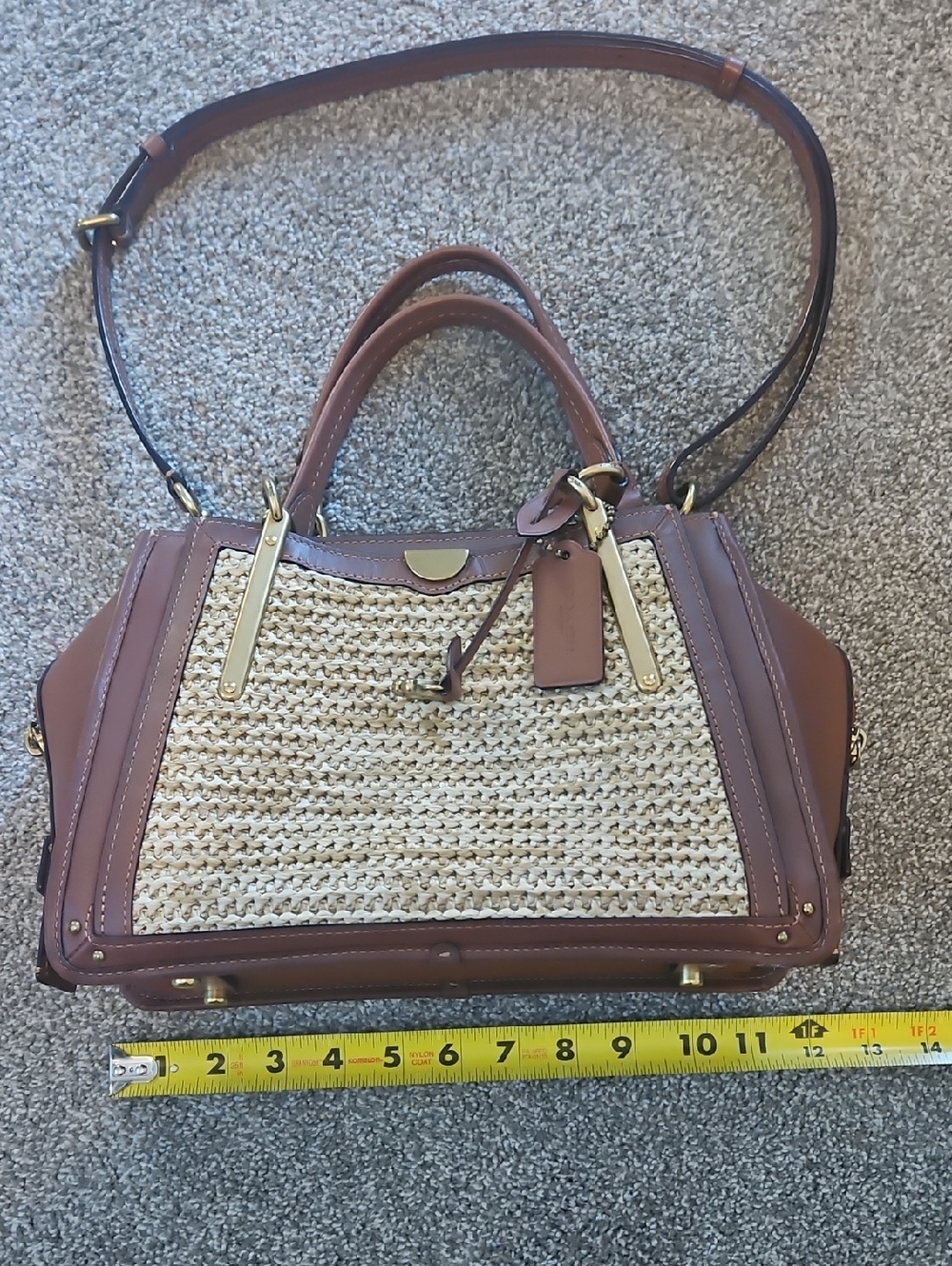 Coach Woven Straw and Brown Leather Top-Handle Satchel